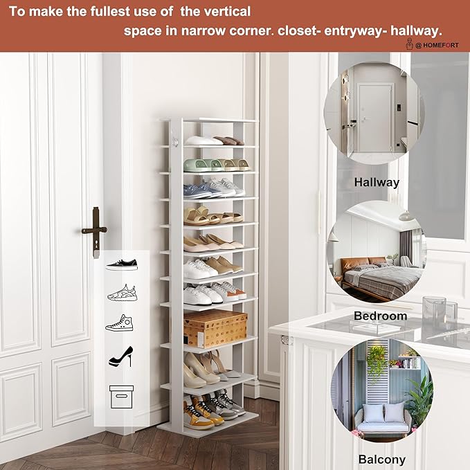 HOMEFORT 10-Tier Corner Shoe Tower - Double Rows, Slim Shoe Stand for 20 Pairs - Entryway, Hallway, Closet (White)