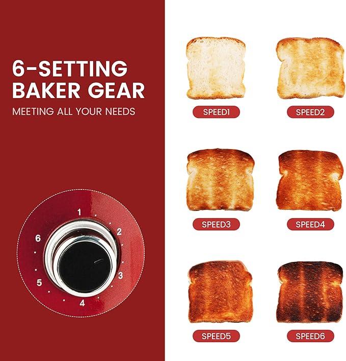 Roter Mond 2 Slice Toaster Retro Stainless Steel with Bagel, Cancel, and Defrost Functions, 6 Bread Shade Settings, Extra Wide Slots and Removable Crumb Tray, Red