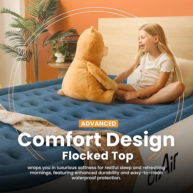 Full Air Mattress, 18” Raised Inflatable Bed with Built-in Pump, Waterproof Velvety Top, Ergonomic Design, Reinforced Support, and Carry Bag for Home, Camping, and Guests