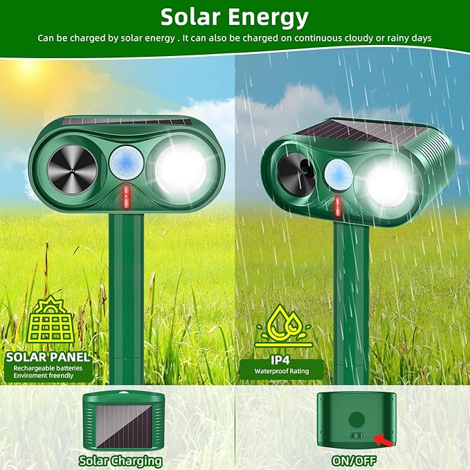 2025 2Pack Solar Ultrasonic Animal Repellent Outdoor Deer Repellent Devices with Motion Detection Waterproof Cat Repellent Outdoor Dog Raccoon Squirrel Rabbit Skunk Deterrents for Yard Garden Farm