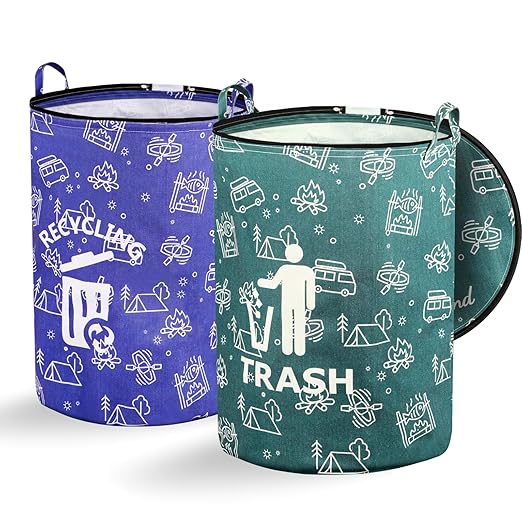 2 Pcs 30 Gallon Collapsible Trash Can Portable Waterproof Reusable with Zippered Lid for RV's, Camping, Recycling, Yard Waste, Leaf Bag, Children Toy Bin (Trash and Recycling)