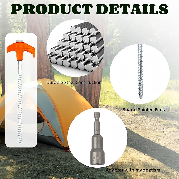 20 Pack 8" Screw in Tent Stakes Heavy Duty, Glow in The Dark Metal Stakes with Hex Head Driver, Ground Anchors for Camping, Patio, Awning, Canopy, and Windy Conditions