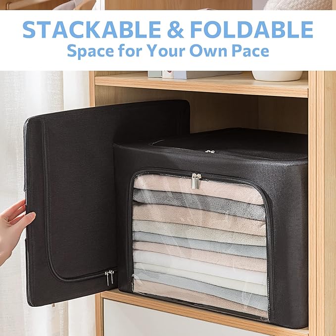 3Pack Frame Storage Box - Clothes Storage Bin Bags Oxford Fabric Foldable Stackable Container Organizer Set with Clear Window & Carry Handles (Black, Large-66L)