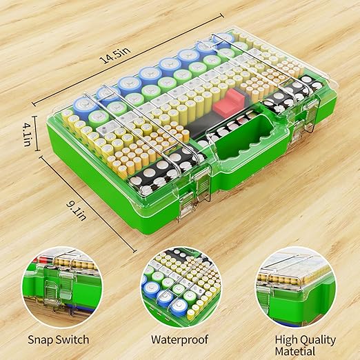 Battery Organizer Storage Holder Box Case with Tester, Ultra-Large 280+ Batteries Double-Sided Variety Pack,Holds AA AAA 4A C D Cell 9V 3V Lithium18650 LR44 CR2 CR123 CR1632 - Green