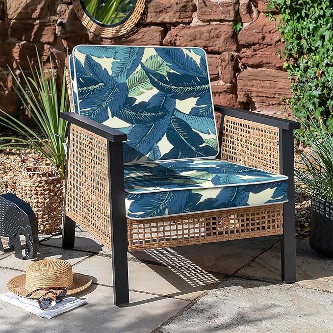 LVTXIII Patio Chair Cushions 22"x22"x3", Water-Repellent Outdoor Seat Cushions for Patio Furniture, Square Chair Pads with Ties for Home Garden Decoration, Set of 2, Swaying Palms Blue