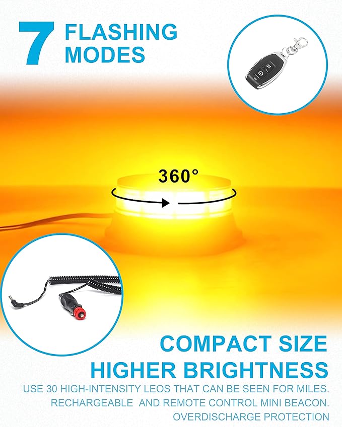 Agrieyes Remote Control Beacon Light, Rechargeable Wireless Flashing Lights, 12-30V Amber Strobe Lights for Golf Cart Magnetic, Safety Warning Caution Lights for Trucks, Construction