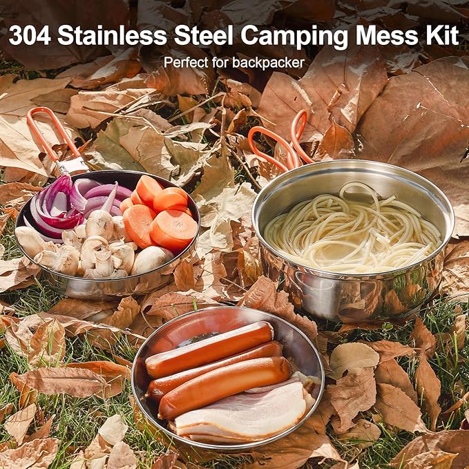 Odoland 10pcs Stainless Steel Camping Cookware Camping Pot and Pan Set with Portable Camping Stove Camping Mess Kit with Plates Bowls Forks Knives Spoons for Hiking Backpacking and Picnic