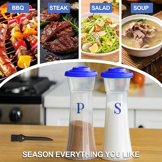 Set of 2 Clear Salt and Pepper Shakers, Plastic Spice Jars with Colorful Lids, Leakproof Moisture-Proof for Home Kitchen Restaurant, Camping, Travel, Picnic (Blue)