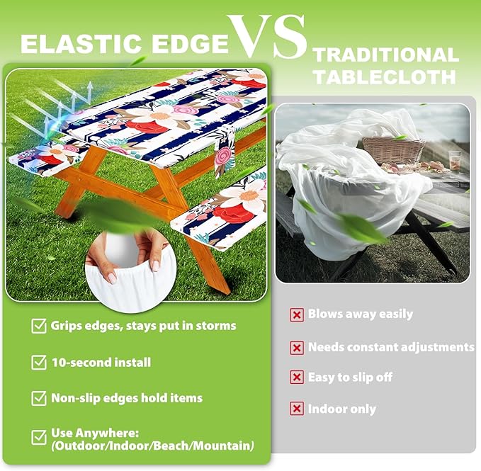 Fitted Picnic Table Cover with Bench Covers Set, Waterproof Lightweight Rectangle 96in Folding Table Cloths Canopy Shade Slipcover Cool Unique Fun Camping Gift for Camper Women Men Family Rv Owners
