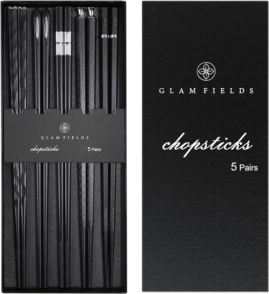 GLAMFIELDS 5 Pairs Premium Chopsticks Reusable Dishwasher Safe 9.5 Inch Fiberglass Chop Sticks Gift Set Non Slip Black + Silver