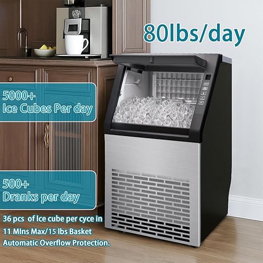 80 lbs/24H Commercial Ice Maker,48 Cubes/11mins, 15 lbs Ice Storage Capacity, Counter Ice Maker Self Cleaning, 24 Hour Timer Stainless Steel Freestanding Ice Maker Machine (120lbs/day)