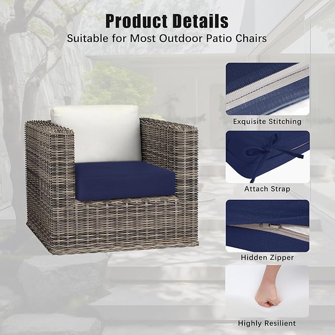 Favoyard Outdoor Chair Cushion 24 x 24 x 4 Inch Rainproof & 3-Year Fade Resistant Patio Furniture Cushions with Removable Cover and Adjustable Ties for Garden Sofa Couch Pads Set of 2, Blue