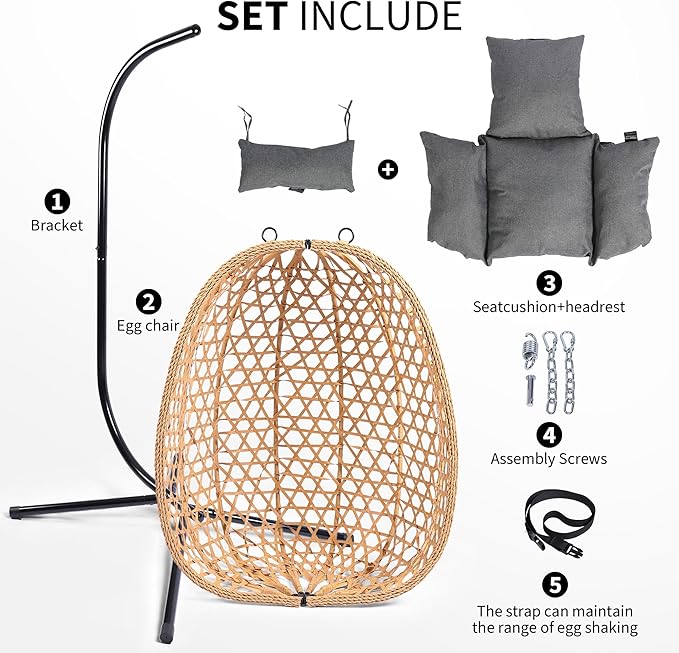 Egg Chair with Stand, Patio Wicker Hanging Chair, Hammock Swing Chair, 350LBS Capacity for Bedroom, Balcony, Garden (YE-GR)