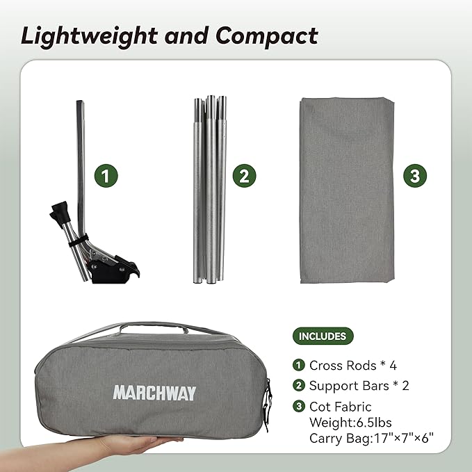 MARCHWAY Lightweight Folding Tent Camping Cot Bed with Lever Lock, Easy Setup Portable Compact for Outdoor Travel, Hunting, Hiking, Motorcycling, Support 330Lbs (Grey)