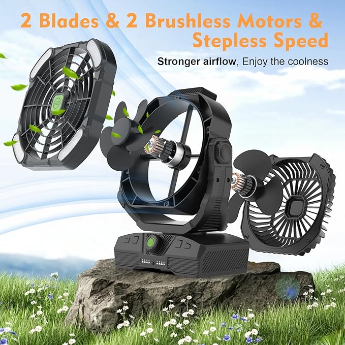 RUNTOP 20000mAh Camping Fan, Oscillating High Speed Rechargeable Battery Operated Fan w/RGB Light,Remote,Hanging Hook, Outdoor Portable Fans Battery Powered Personal USB Desk Fan for Tent, Travel