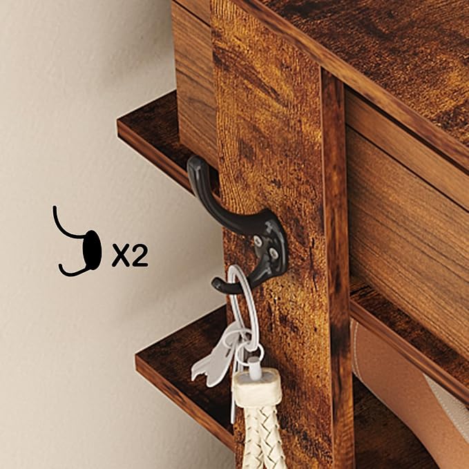 HOMEFORT 10-Tier Vertical Shoe Rack, Corner Shoe Tower, Slim Shoe Organizer with Two Hanging Hooks, Wooden Shoe Storage Stand for Entryway, Hallway, Closet, Rustic Brown