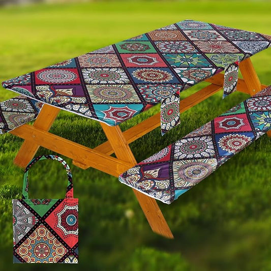 Fitted Picnic Table Cover with Bench Covers Waterproof Elastic Edges Rectangle Patio Tablecloth Outdoor Camping Essentials Stuff Rv Accessories Summer Trip Travel Camper Gifts for Woman Men, 72in 6 ft