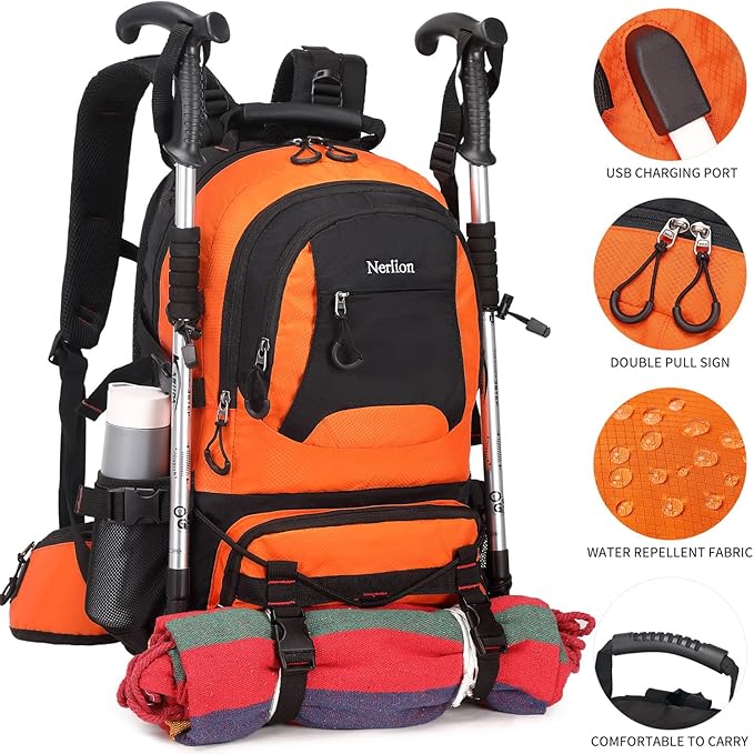 Nerlion 40L Hiking Backpack Travel Backpack for Men Women Camping Waterproof Outdoor Hiking Daypack Lightweight Backpack (Orange)
