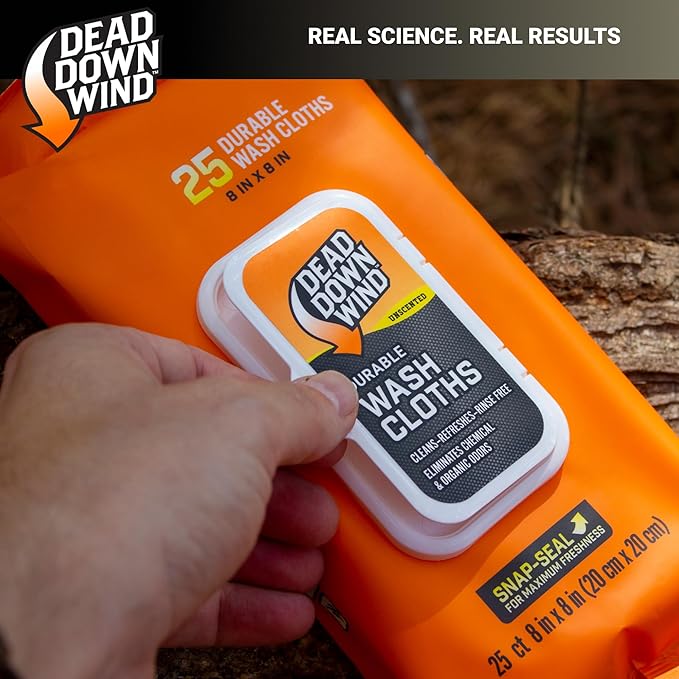 DEAD DOWN WIND Durable Wash Cloth W/Snap Lid Closure (25Ct) - Scent Eliminating Sheet - Durable Hunting Scent Eliminators - Advanced Hunting Gear