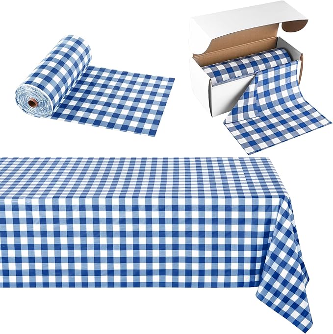 54 Inch x 300 Ft Blue Checkered Plastic Table Cloth Roll Disposable Waterproof Table Cover Plastic Table Cover Roll with Easy Slide Cutter for Outdoor Picnic/Home Dining/Spring Party