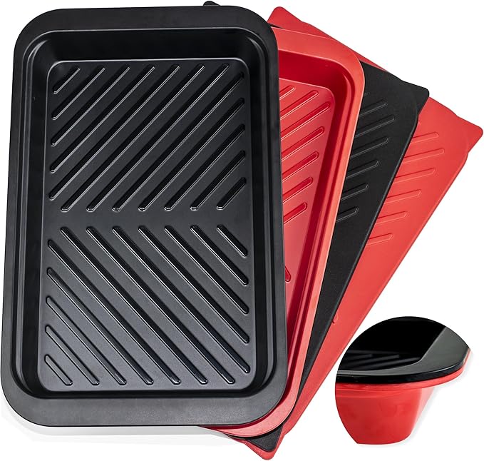 Deep Grilling Prep and Serve Trays with lid, BBQ Tray for Marinating Raw and Cooked Food, Diswasher Safe Nesting Trays Black in Red
