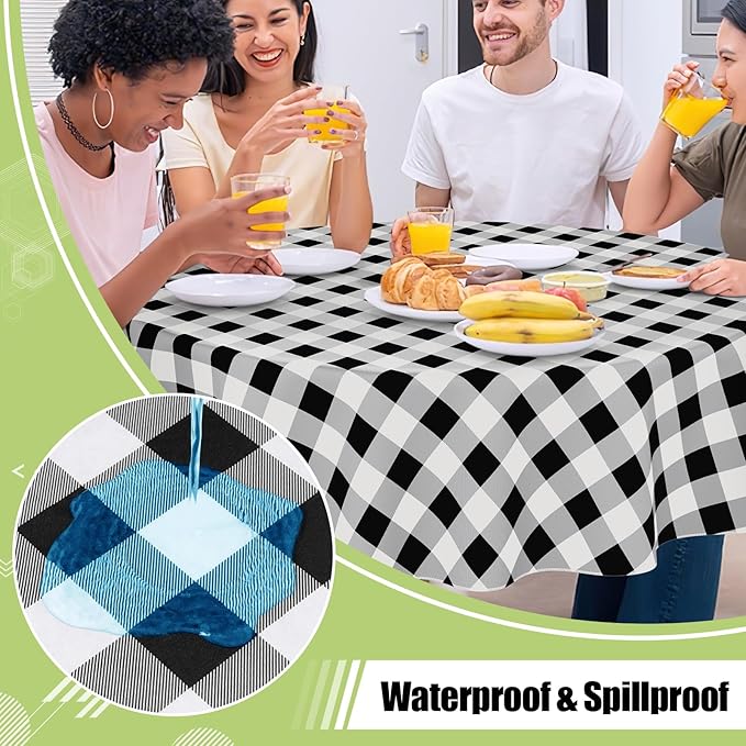 Smiry Round Plastic Table Cloth, Waterproof Vinyl Tablecloth with Flannel Backing, Wipeable Buffalo Plaid Table Cover for Dining, Indoor and Outdoor (Black & White, 60" Round)