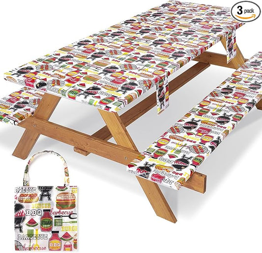 3 Piece Picnic Table Cover with Bench Covers Fitted Camping Table Cloths for 8Ft Tables Camper Travel Trailer Must Haves Motorhome Garden Tools Couple Wife Husband Boyfriend Girlfriend Gift