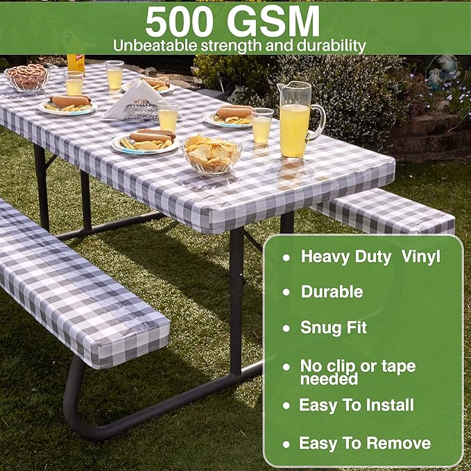 Hudson Comfort Picnic Table Cover with Bench Covers – 500 GSM Reusable Heavy Duty Vinyl Outdoor Table Cover - Waterproof Picnic Tablecloth with Carry Case (Gray, 72 Inch (6 Feet))