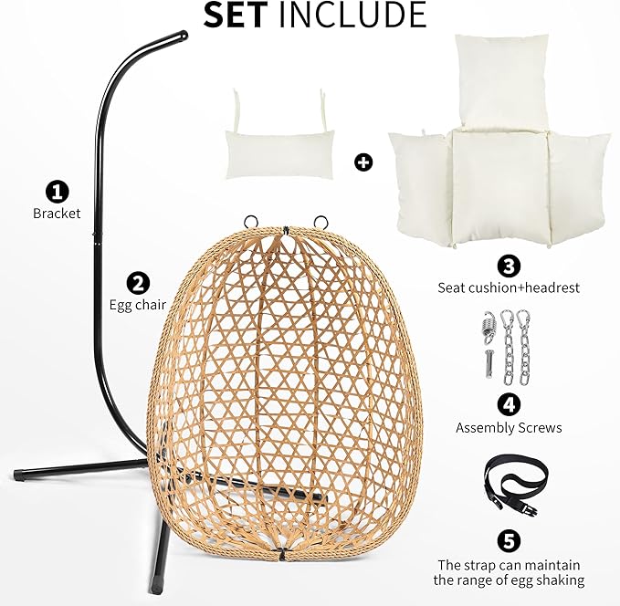 Egg Chair with Stand, Patio Wicker Hanging Chair, Hammock Swing Chair, 350LBS Capacity for Bedroom, Balcony, Garden (YE-BE)
