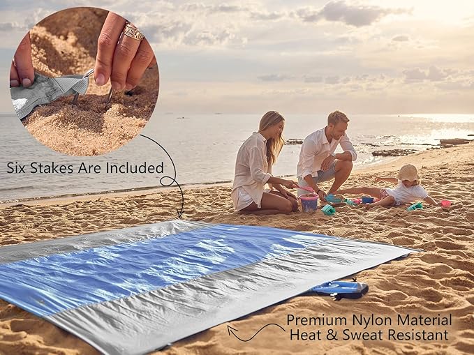 WEKAPO Beach Blanket Sandproof Waterproof, Extra Large Beach Mat, Oversized & Compact Sand Free Mat Quick Drying, Lightweight & Durable with 6 Stakes & 4 Corner Pockets