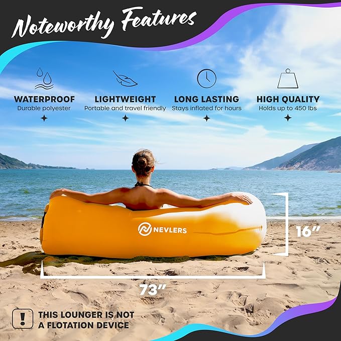 Nevlers Inflatable Lounger | 210T Polyester Inflatable Chair | No-Pump Blow Up Couch | Camping Couch Air Sofa Bed w/ 450 lbs. Cap., Pockets & Matching Bag | Use as Inflatable Couch for Adults & Kids