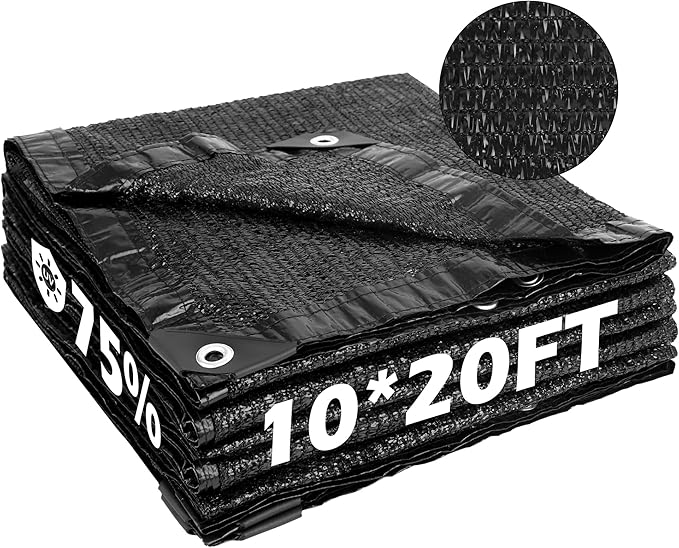 Garden expert 75% Black Shade Cloth 10x20FT Taped Edge with Grommets Sun Net Mesh for Garden Patio Backyard UV-Resistant
