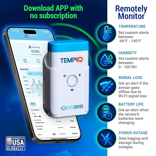 TEMPIQ Remote WiFi Temperature & Humidity Sensor - App Integration, Alerts, Helps Monitor 2nd Home, AirBnb, RV, Pets,Freezer and Server Room, Indoor & Outdoor Hygrometer & Thermometer