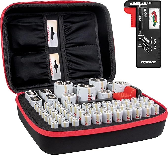Tenergy Battery Organizer Storage Case with Battery Tester, Holds 60 Batteries AA AAA C D 9V (Batteries not Included)