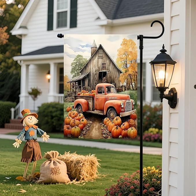 Fall Garden Flags 12x18 Double Sided, Truck Pumpkin Yard Flags for Outside, Small Yard Flags Decorations for Home Outdoor Decorations