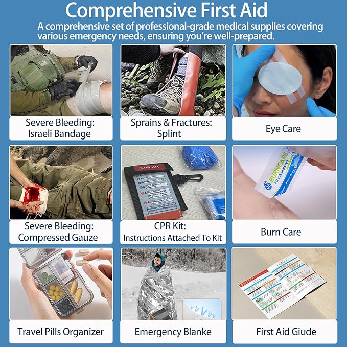 Comprehensive First Aid Kit -Labeled Compartments for Trauma & Emergencies, Compact Emergency Kits for Car, Boats, Camping, Hurricanes and Outdoor Emergencies Survival -265 Piece