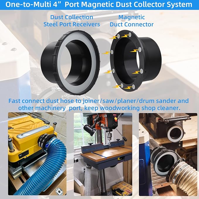 4 Inch Dust Collection Fittings for Magnetic Dust Collection Coupler,Steel Ring Receiver Dust Collector Steel Port w/Dust Control Flex Cuff,Quick Connect to Drum Sander Planer