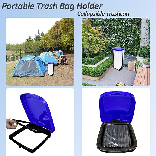 2PCS Portable Trash Bag Holder Collapsible Trash can with 50 PCS Drawstring Trash Bags | Expandable Outdoor Waste Bins Camping Accessories for Indoor Outdoor RV Picnic Kitchen | Blue & Black