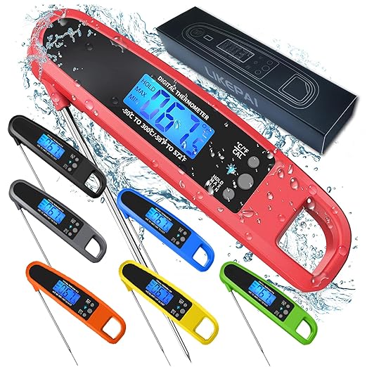 Instant Read Meat Thermometer for Kitchen Cooking, Ultra Fast Precise Waterproof Digital Food Thermometer with Backlight, Magnet and Foldable Probe for Deep Fry, Outdoor BBQ, Grill(RED)