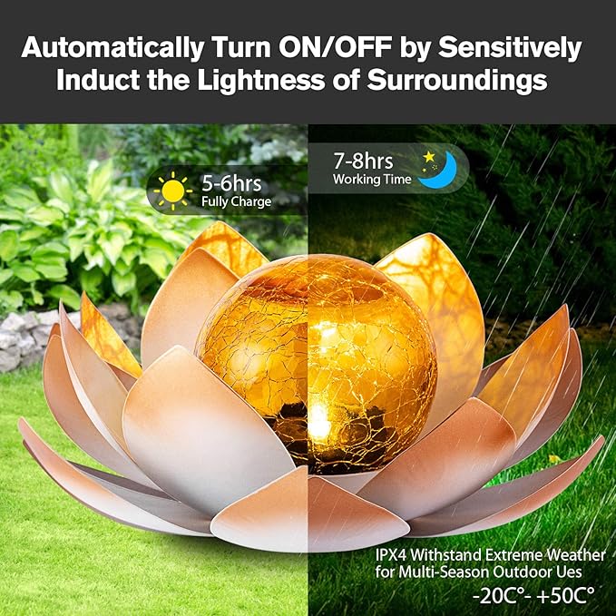 Garden Solar Lights Outdoor(2Pack) , Amber Crackle Globe Glass Lotus Decoration , Waterproof Orange Metal LED Flower Lights for Patio,Lawn,Walkway,Tabletop,Ground, Garden Gifts for Women
