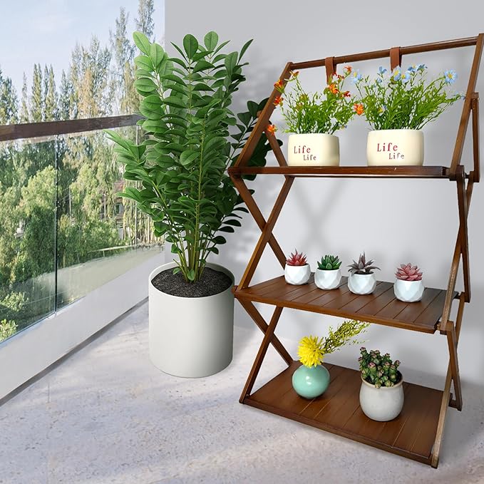 Foldable Bamboo Shelf, Folding Shoe Rack, Flower Rack, Camping Rack, No Installation Required, Portable, Space Saving, Multi-Purpose Storage Rack (Walnut, 3 Tiers with Boom)