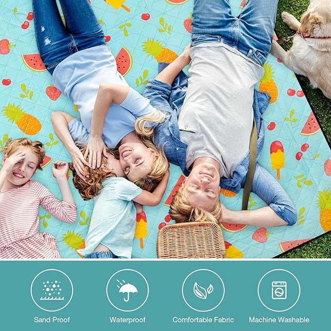 Picnic Blanket Extra Large 79" x 79", Washable Picnic Blankets, Camping Blanket with Portable Handle & Shoulder Strap - SummerFruits