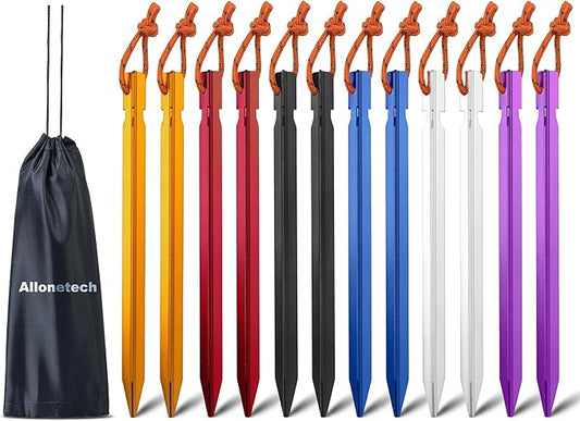 12 Pack Tent Stakes, 7075 Ground Metal Camping Aluminum Tent Pegs, Lightweight Tent Stakes Heavy Duty Spikes Camping Accessories