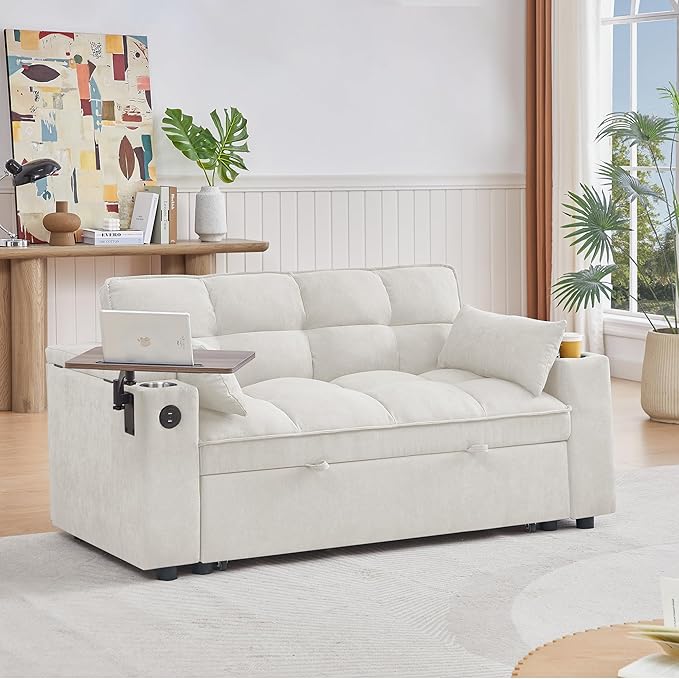 65'' Convertible Sleeper Sofa Bed with Pull-Out Design, 3-in-1 Modern Chenille Fabric Couch with 360° Swivel Side Table, Queen Size, Easy Assembly, for Living Room, White
