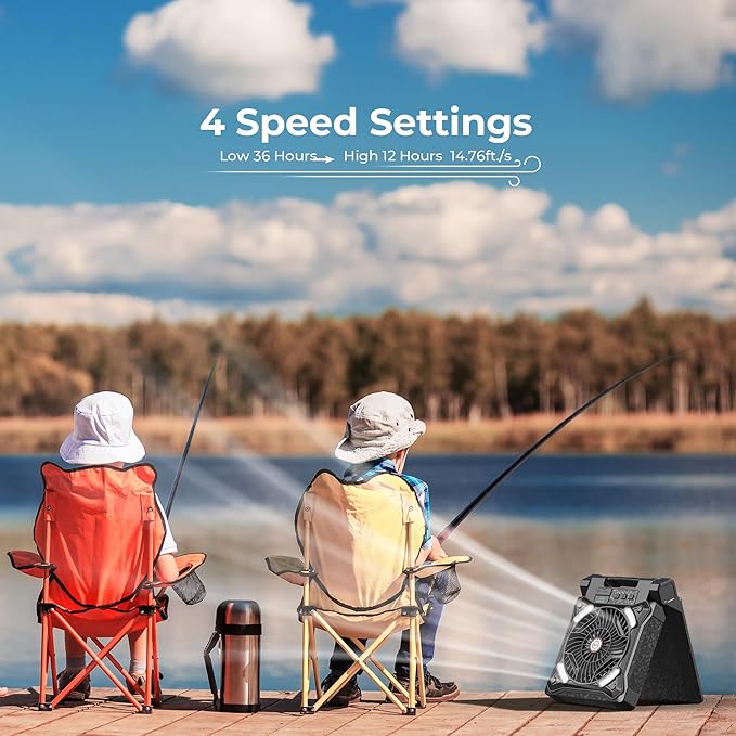 KITWLEMEN Upgraded Solar Camping Fan with Lantern - Rechargeable Battery Operated Fan, 36H Run Time Max, 4 Speeds, 8H Timer, 90° Adjustable Portable Desk Fan for Hurricane, Power Outage, Outdoor Use