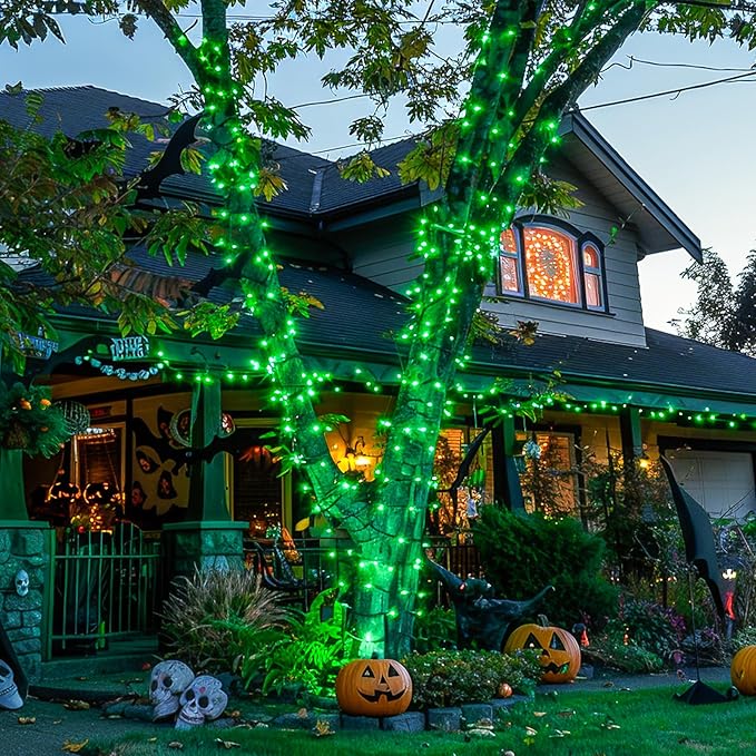 JMEXSUSS 250 LED Green String Lights - 91.5ft Halloween Lights Outdoor Waterproof, 8 Lighting Modes, Connectable Halloween Tree Light for Yard Patio Party Christmas Decorations