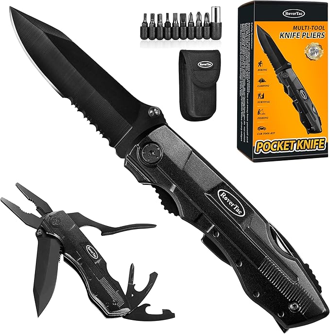 RoverTac Pocket Knife Multitool – 15-in-1 Folding Knife with Pliers, Screwdrivers & Bottle Opener – Multitool Knife with Safety Lock & Nylon Sheath for Camping, Hiking, Survival, EDC & Gifts for Men