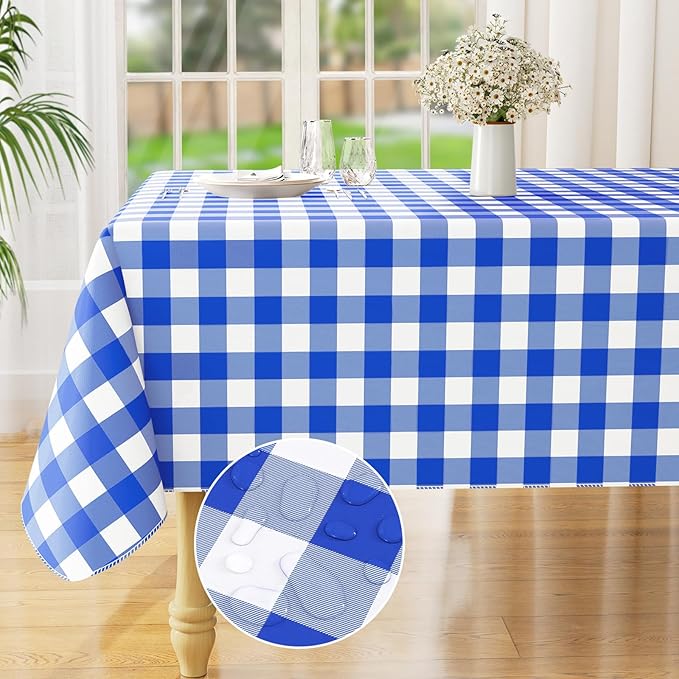 misaya Rectangle Waterproof Vinyl Table Cloth, Buffalo Flannel Backed Tablecloth, Wipeable Plastic Table Cover for Seaside, Picnic, Outdoor (60" x 84", White and Blue)