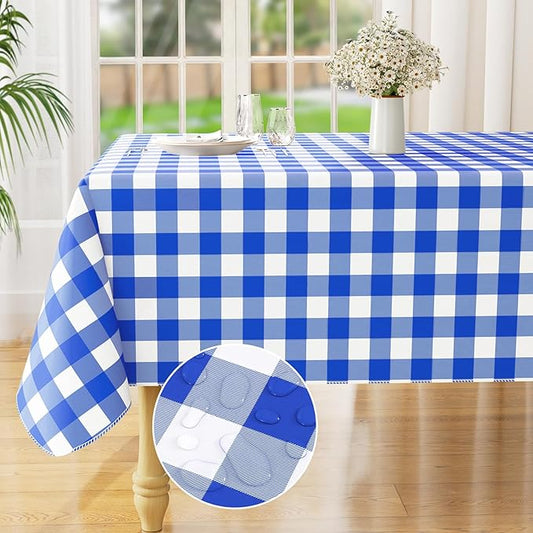 misaya Rectangle Waterproof Vinyl Table Cloth, Buffalo Flannel Backed Tablecloth, Wipeable Plastic Table Cover for Seaside, Picnic, Outdoor (54" x 78", White and Blue)