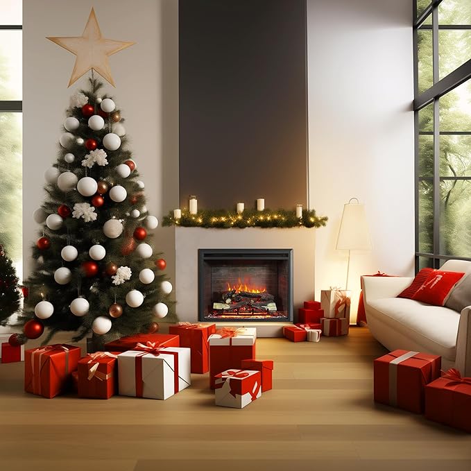 RICHFLAME Gavin 33 Inches Electric Fireplace Insert with Log Speaker, Designed for Stud, Wood Burning Opening, Cabinet & Wood Mantel, Remote Control, 750/1500W, Black